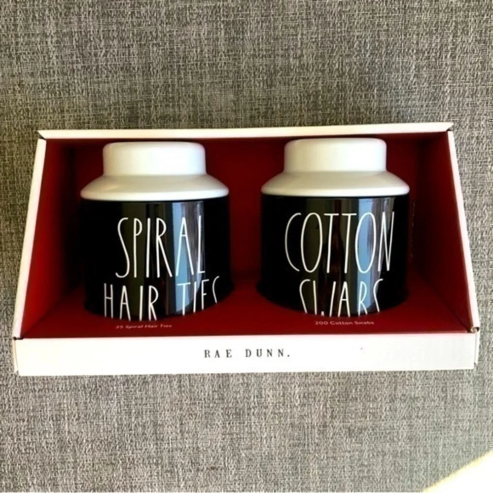 Rae Dunn black and white hair tie and cotton swab storage containers